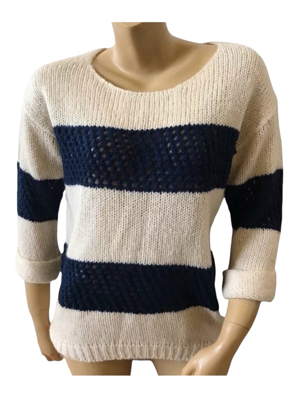Wet Seal Sweater Womens Small Navy Ivory Striped Open Knit 3/4 Sleeve Pullover
